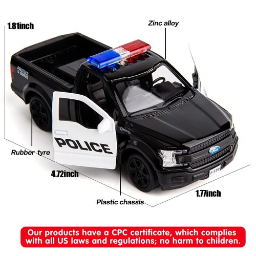 BDTCTK 1/36 Scale Compatible for Ford F150 Pickup Truck Police Car Model, Zinc Alloy Die-Cast Pull Back Vehicles Kid Toys for Boy Girl Gift (Black)