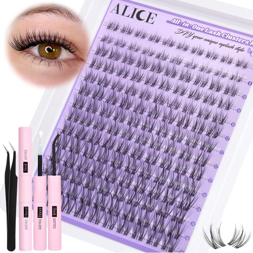 ALICE Cluster Eyelash Extension Kit Natural Wispy Lash Clusters Kit Lash Extension Kit Clear Band 168pcs C Curl 11-13mm Individual Lashes with Lash Glue Bond and Seal Self Application at Home
