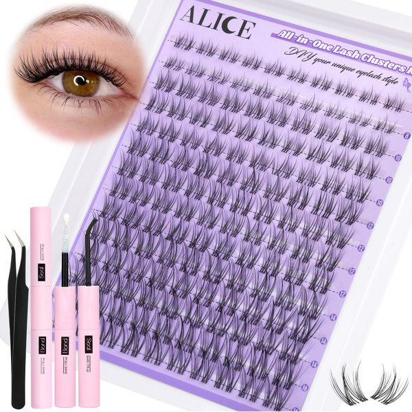ALICE Cluster Eyelash Extension Kit Natural Wispy Lash Clusters Kit Lash Extension Kit Clear Band 168pcs C Curl 11-13mm Individual Lashes with Lash Glue Bond and Seal Self Application at Home