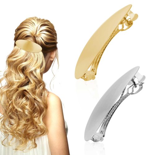2pcs Oval Hair Barrettes, Matte French Barrettes Flat Metal Hair Barrettes Metal Snap Hair Clips Elegant Hair Barrettes Simple Hair Barrettes Hair Accessories for Women(Silver & Gold)
