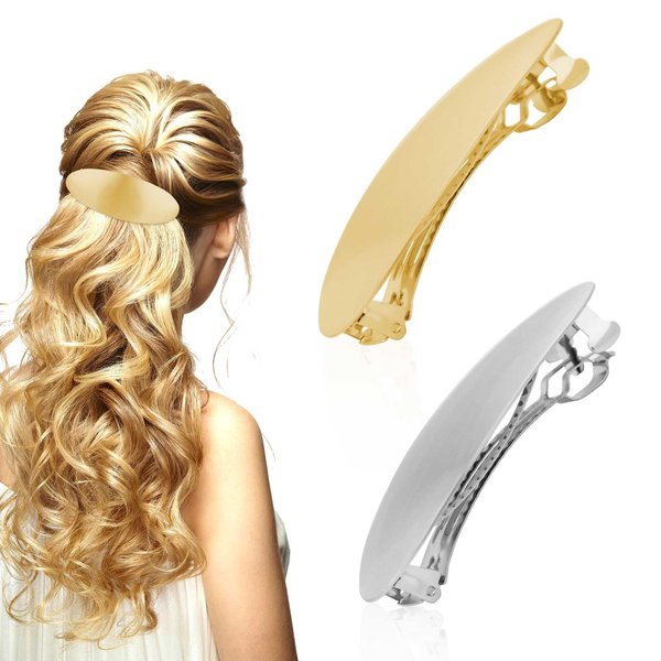 2pcs Oval Hair Barrettes, Matte French Barrettes Flat Metal Hair Barrettes Metal Snap Hair Clips Elegant Hair Barrettes Simple Hair Barrettes Hair Accessories for Women(Silver & Gold)