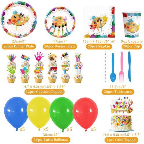 Art Birthday Party Supplies, Paint Party Supplies - Plates, Cups, Napkins, Forks, Knives, Spoons, Straw, Tablecloth, HAPPY BIRTHDAY Backdrop, Cake Topper, Balloon for Painting Party - 20 Guests