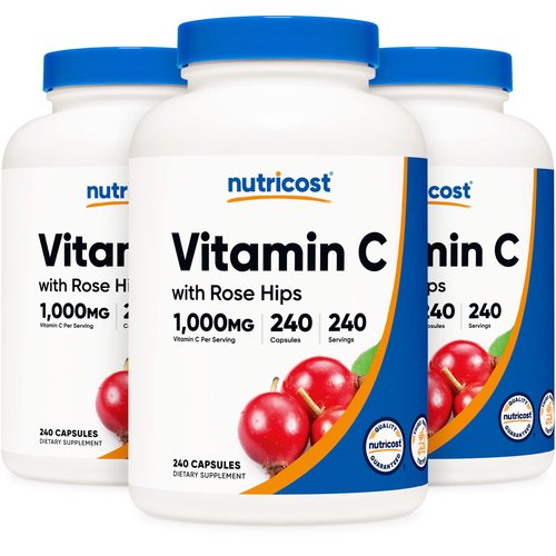 Nutricost Vitamin C with Rose Hips 1025mg, 240 Capsules (3 Bottles) - Premium Non-GMO, Gluten Free Vitamin C Supplement