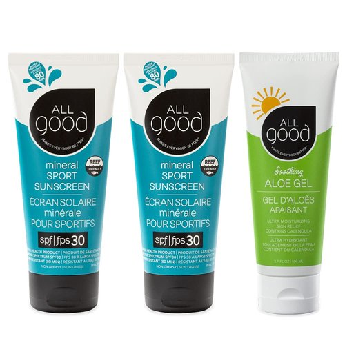 All Good Sport Mineral Sunscreen & Aloe Gel Bundle - UVA/UVB Broad Spectrum SPF 30+, Water Resistant - Includes (2) SPF 30 Sport Sunscreen and (1) Aloe Gel