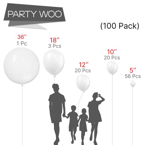 PartyWoo White Balloons, 100 pcs Matte White Balloons Different Sizes Pack of 36 Inch 18 Inch 12 Inch 10 Inch 5 Inch White Balloons for Balloon Garland or Balloon Arch as Party Decorations, White-Y13
