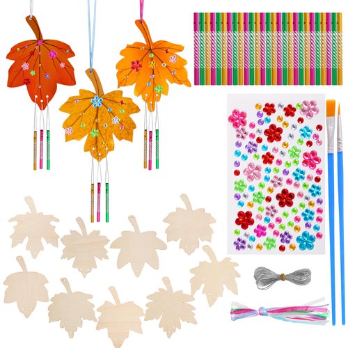 Hmxpls 9 Pack Wooden Maple Leaf Wind Chime Craft Kit for Kids & Adults - DIY Coloring & Decorative Ornaments for Fall Craft Activities Thanksgiving Party Supplies
