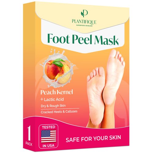 PLANTIFIQUE Foot Peel Mask with Peach 1 Pack Peeling Foot Mask Dermatologically Tested - Repairs Heels & Removes Dry Dead Skin for Baby Soft Feet - Exfoliating Mask for Dry Cracked Feet