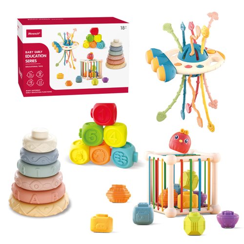 INvench Montessori Toys for 1 Year Old - 4 in 1 Sensory Toys for Babies Stacking Building Blocks, Color Shape Bin,Silicone Pull String Activity Travel Toys Set for 1-3 Year Old Boy Girl Gift