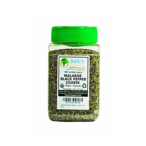 Indus Organics Malabar Black Pepper Coarse, 8 Oz Jar, Premium Grade, High Purity, Freshly Packed