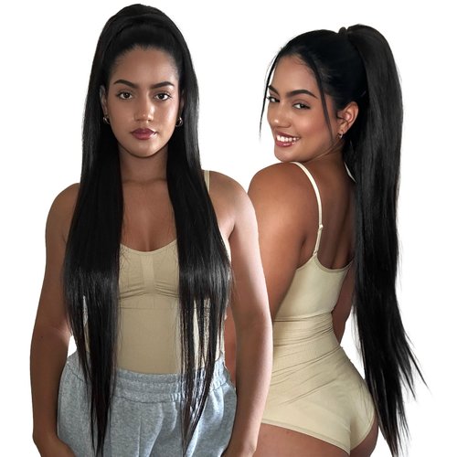 SEIKEA 36" Long Straight Drawstring Ponytail Extension, Multi Layered Light Soft Tangle-Resistant Silk Touch Clip in Hair Extensions Ponytail Natural Synthetic Hairpiece Natural Black