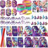 Tellingyou 140 Pcs Roller Skate Party Favors Includes 12 Drawstring Backpacks 12 Silicone Wristbands 12 Badges 12 Keychains 18 Notepads 12 Pencils 12 Slap Bracelets 50 Stickers for Retro Hip Hop Party