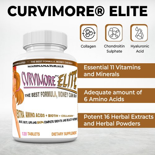 CURVIMORE Elite ☀ Our Most Advanced Natural Breast Enlargement, Butt Enhancement, Bust Enhancement Lip Plumping & Skin Tightening Pills – Fuller Breasts, Booty & Brazilian Butts. 120-Tablets.