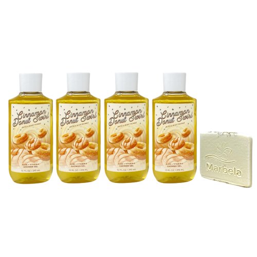Bath & Body Works Cinnamon Donut Swirl 4 Piece Shower Gel Value Pack with a Natural Oats Sample Soap