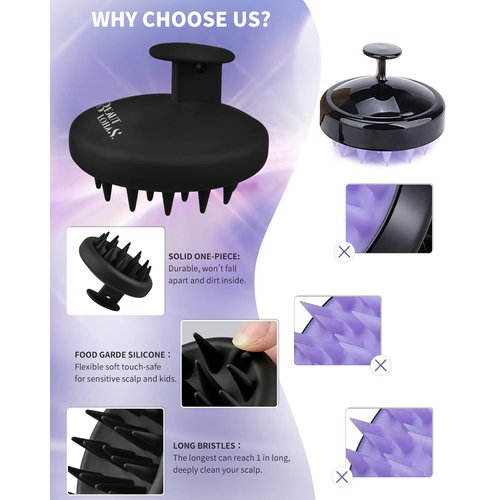 BEAUTLOHAS. Silicone Scalp Massager Shampoo Brush, Shower Scalp Scrubber with Soft Bristles, Scalp Brush for Hair Growth & Dandruff Treatment, Wet Dry Hair Massager for All Hair Types of Women (Black)