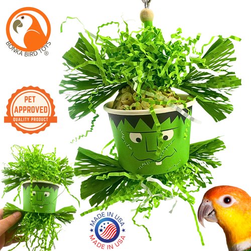 Bonka Bird Toys Halloween Ghoulish Treat Dishes Sola Atta Chew Shred Parrot Cage Toy, Conure, Ringneck, Quaker, Cocktail, and Similar Breed Sizes (2712 Frankenstein)