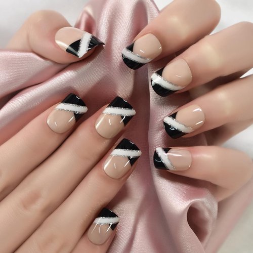 ELEVENAIL Classic Short Squoval French False Nails Natural Nude Black Press on Nails with Silver Line Glitter Fake Fingernails Salon DIY Reusable Acrylic Nail Art Tips Manicure Gifts