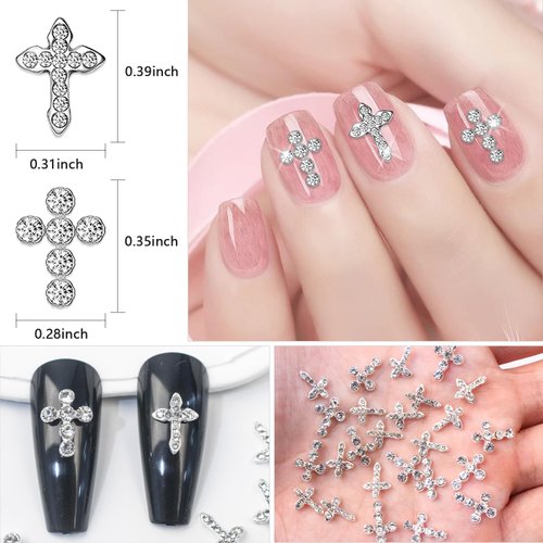 JERCLITY 20pcs 3D Cross Nail Charms Silver Cross Charms for Nails Nail Cross Charms with Clear Rhinestones 3D Jewelry Making Nail Art Accessories 3D Nail Cross Charm for Women