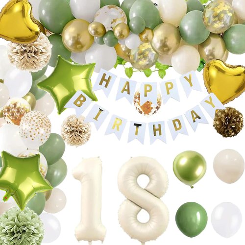 BXGH Sage Green 18th birthday decoration, including birthday banners, pentagonal aluminum foil balloons, paper flower balls, girl party supplies, colorful confetti balloons, etc
