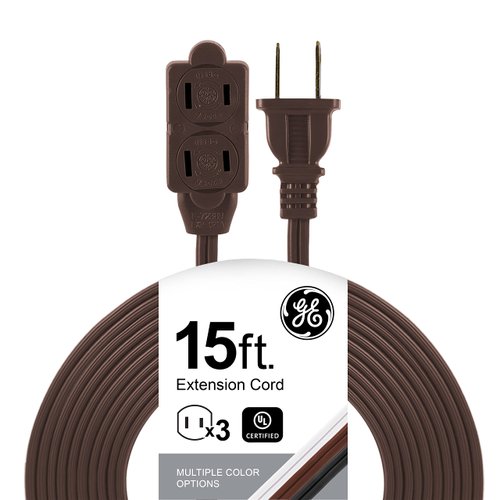 GE 3-Outlet Extension Cord with Multiple Outlets 15 Ft Extension Cord Power Strip 2 Prong 16 Gauge Twist-to-Close Safety Outlet Covers Outdoor Extension Cord Outlet Extender UL Listed Brown 51957