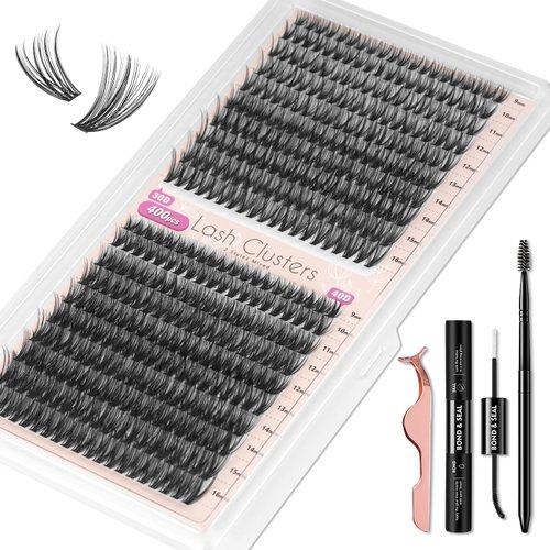 30D+40D Lash Clusters, 400PCS Lash Extension Kit Wispy Mink Individual Lashes 9-16mm Soft Cluster Lashes Volume Cluster Eyelash Extension Kit With Lash Bond and Seal Tweezers(30D+40D)