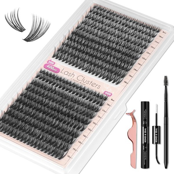 30D+40D Lash Clusters, 400PCS Lash Extension Kit Wispy Mink Individual Lashes 9-16mm Soft Cluster Lashes Volume Cluster Eyelash Extension Kit With Lash Bond and Seal Tweezers(30D+40D)