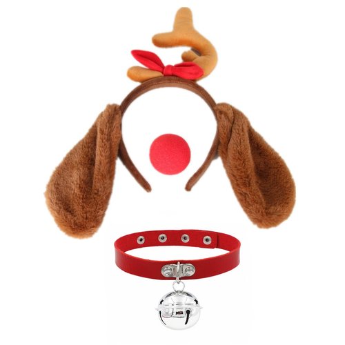 Topcosplay Unisex Christmas Dog Costume 3pcs Set Ears Headband Collar and Red Nose