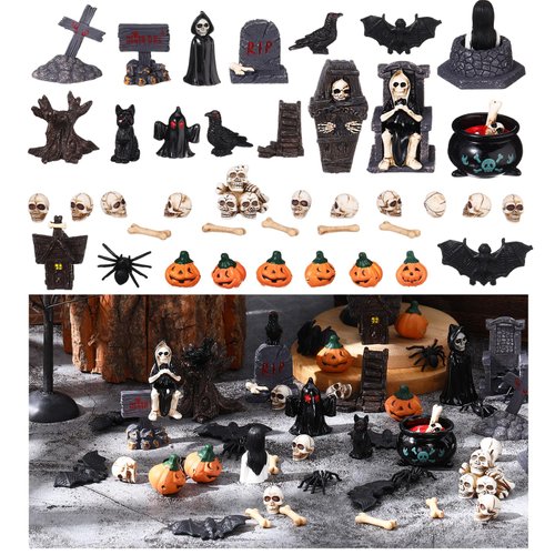 Sonwyoung 58 Pcs Halloween Mini Figurines Set, Include Miniature Skull Heads Crow Tombstone Plastic Bat Spider Pumkin for Dollhouse Accessories Garden Decor Village Collections(Bat)
