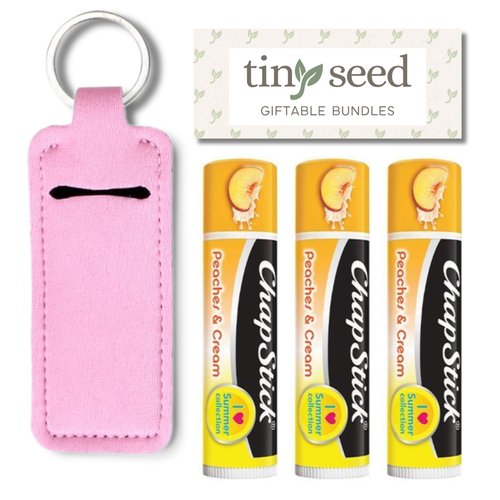 TINY SEED Gift Bundle: Peaches and Cream Chapstick 3-Pack. Includes Bonus Lip Balm Holder Keychain (Pink). Limited Edition Flavor from the Chapstick I Love Summer Collection