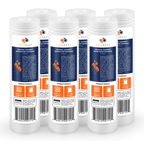 Aquaboon Grooved 10" x 2.5" Universal Sediment Filter 5 Micron - Whole Home Water Filter Replacement Cartridge Compatible with AP110, whkf-gd05, SGC-25-1001, RS14, CFS110, P5, WFPFC5002, 6-Pack