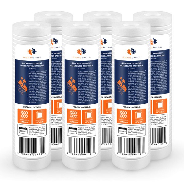 Aquaboon Grooved 10" x 2.5" Universal Sediment Filter 5 Micron - Whole Home Water Filter Replacement Cartridge Compatible with AP110, whkf-gd05, SGC-25-1001, RS14, CFS110, P5, WFPFC5002, 6-Pack