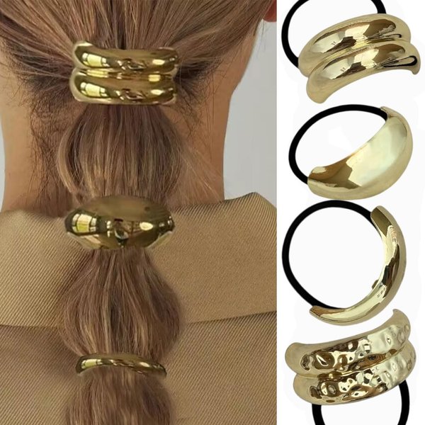 Metal Hair Cuffs For Ponytails 4pcs Gold Hair Tie Elastic Hair Bands For Thick Hairties Women Metallic Hair Accessories (Golden)