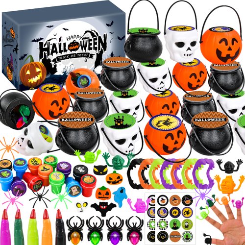 OCTERIC 216 Pcs Halloween Party Favors Prefilled Witch Cauldron Pumpkin Bucket Skull Halloween Bucket, Halloween Toys Novelty Prizes Bulk Party Favors Supplies Treats for kids