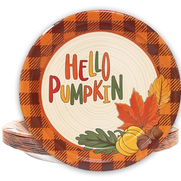 Whaline 24Pcs Thanksgiving Fall Paper Plates 9 Inch Hello Pumpkin Disposable Plates Black Orange Plaid Fall Harvest Paper Plates for Thanksgiving Fall Party Holiday Dinner Tableware Supplies