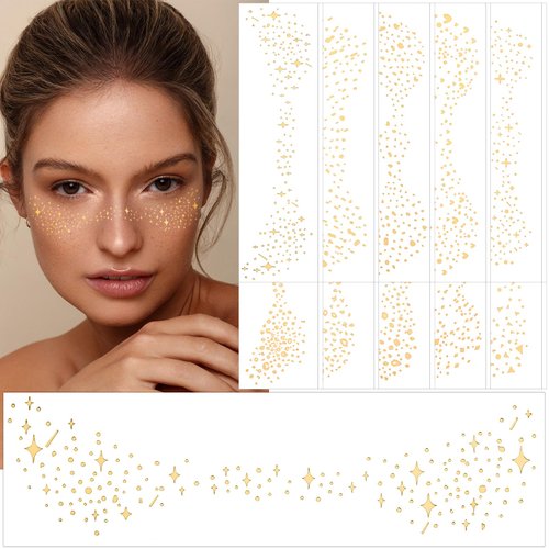 JUNEBRUSHS Glitter Freckles Face Tattoo, 20 Sheets Gold Glow Up Face Makeup Speckles Water-Repellent Freckles Metallic Tattoo Stickers Cute Glitter Makeup for Women Girls Party Halloween