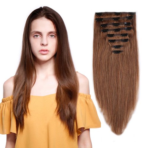 Double Weft 100% Clip in Remy Human Hair Extensions 10''-24'' Full Head Thick Thickened Long Soft Silky Straight 8pcs 18clips for Women Fashion 16" / 16 inch 130g #30 Light Auburn