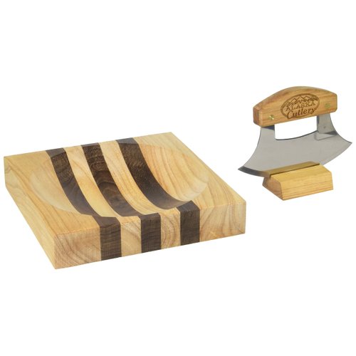 Alaska Ulu Knife Set Curved Knife with Wood Handle plus Chopping Board Mezzaluna Made in Alaska USA Ulu Factory
