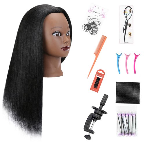 SOPHIRE 100% Real Hair Mannequin Head Training Head with stand, 18" Hairdresser Cosmetology Mannequin Manikin Training Practice Head Doll for Female Hairstyling - Black