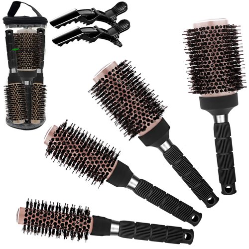Thermal Barrel Round Brush Set - 4 Different Sizes, Boar Bristle for Hair Styling, Curling and Shine