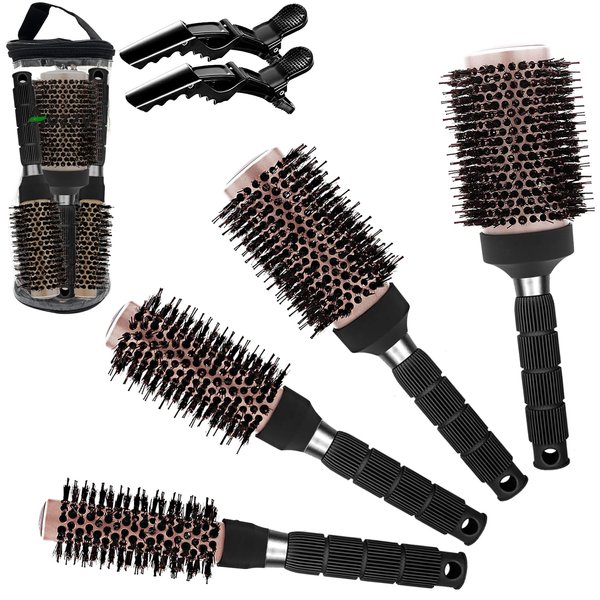 Thermal Barrel Round Brush Set - 4 Different Sizes, Boar Bristle for Hair Styling, Curling and Shine