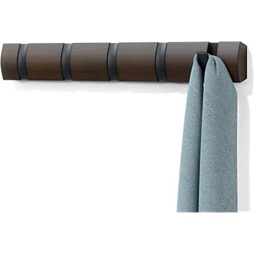 Umbra Flip Wall-Mounted Coat Rack Rail Hook for Hats, Jackets, Bags and More – Modern, Space-Saving Storage Organizer for Entryway, Mudroom, Closet, Bathroom, Bedroom, Kids Room, or Nursery, 5 Hooks, Walnut/Black