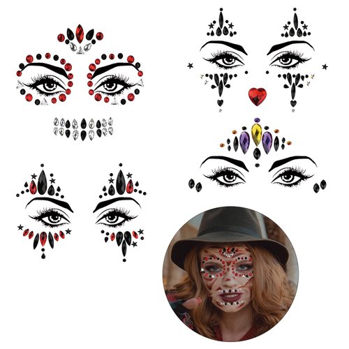 TGANNYOCR 4 Sets Halloween Face Jewels Self Adhesive Rhinestones Face Gems Mermaid Body Jewel Crystal Stickers for Carnival Party Rave Festival Decorations