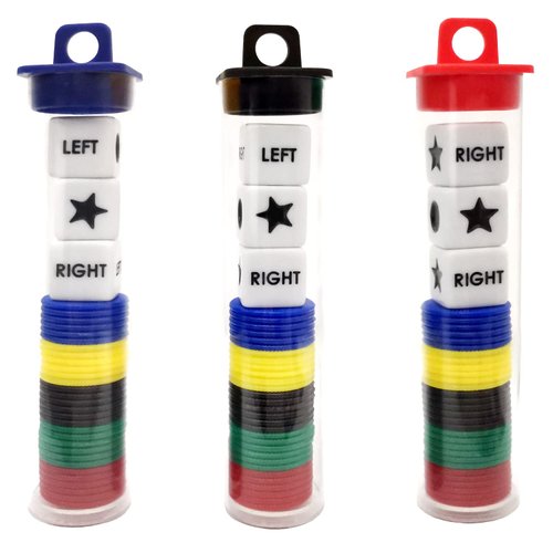 Left Right Center Dice Game Prime Set Bundle with 3 Dices + 30 Chips - 3 Sets Assorted Colors - (3 Pack). Round Tube Storage is Very Convenient for Travel. Easy to Store, Carry Around.(3 Pack)