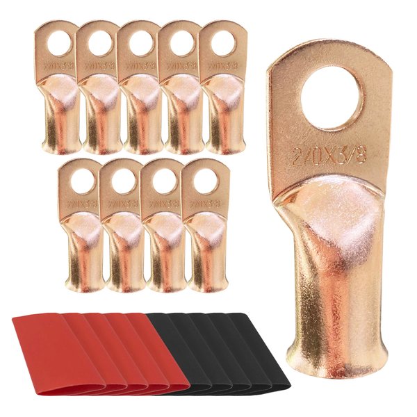 10pcs 2/0 AWG-3/8 Ring Battery Lugs, Copper Lugs, Battery Cable Ends, Tubular Ring Terminals, Crimp Wire Ring Lugs, Battery Terminal Connectors with Heat Shrink Tubing (10, 2/0 Awg - 3/8" (M10) Ring)