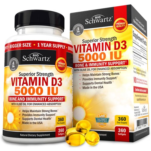 Vitamin D3 5000 IU (125 mcg) Natural Immune Support Supplement, Bone Strength, Healthy Muscle Function, with Olive Oil for Highest Absorption, Gluten Free & Non-GMO, 1 Year Supply, 360 Softgels