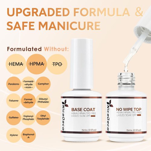 Nicedeco Hema Free No Wipe Gel Top Coat and Base Coat Set 2 Pcs 15ml Low Odor Cruelty Free Vegan Gel Nail Polish Glossy Shine Long Lasting Gel Base Top Coat