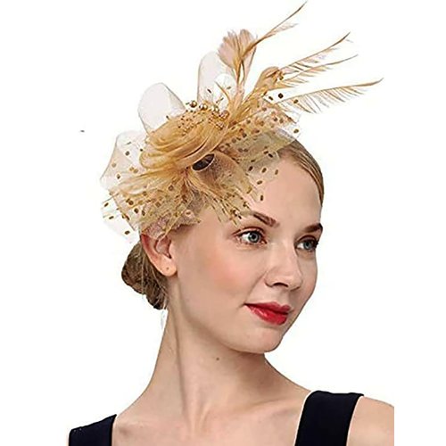 Durzasvo Women's Fascinators Tea Party Wedding Derby Mesh Flower Pearl Feather Fascinator Hat with Headband and Clip Gold