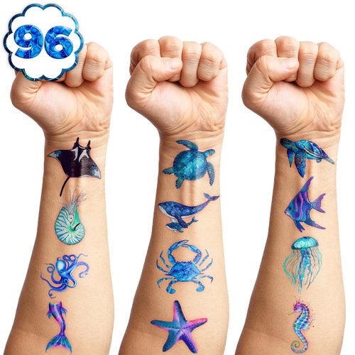 96 PCS Ocean Temporary Tattoos Themed Birthday Party Decorations Favors Supplies Décor Under The Sea Turtle Blue Die Cut Tattoo Stickers Gifts For Game Boys Girls Classroom School Prizes Reward