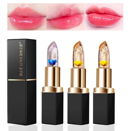 BLUE LOVE 3 Pcs/Set Flower Jelly Lipstick Set, Color Changing Flower Lipstick Jelly Clear Lip Balm with Flower Inside, Moistrurizer Lip Stick Long Lasting Nourishing Lip Gloss (2Pc Gold 1Pc Blue)