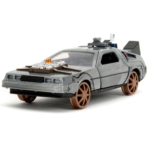 Delorean DMC (Time Machine) Brushed Metal Train Wheel Version Back to The Future Part III (1990) Movie Hollywood Rides Series 1/32 Diecast Model Car by Jada 34786