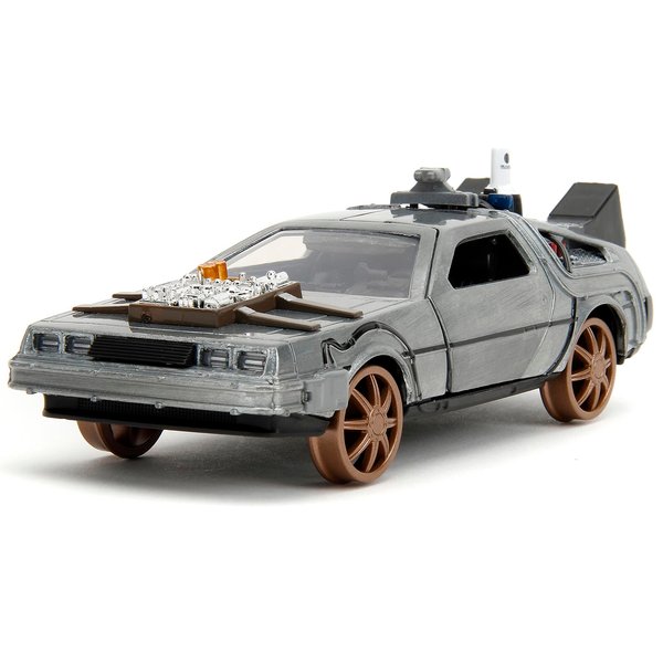 Delorean DMC (Time Machine) Brushed Metal Train Wheel Version Back to The Future Part III (1990) Movie Hollywood Rides Series 1/32 Diecast Model Car by Jada 34786